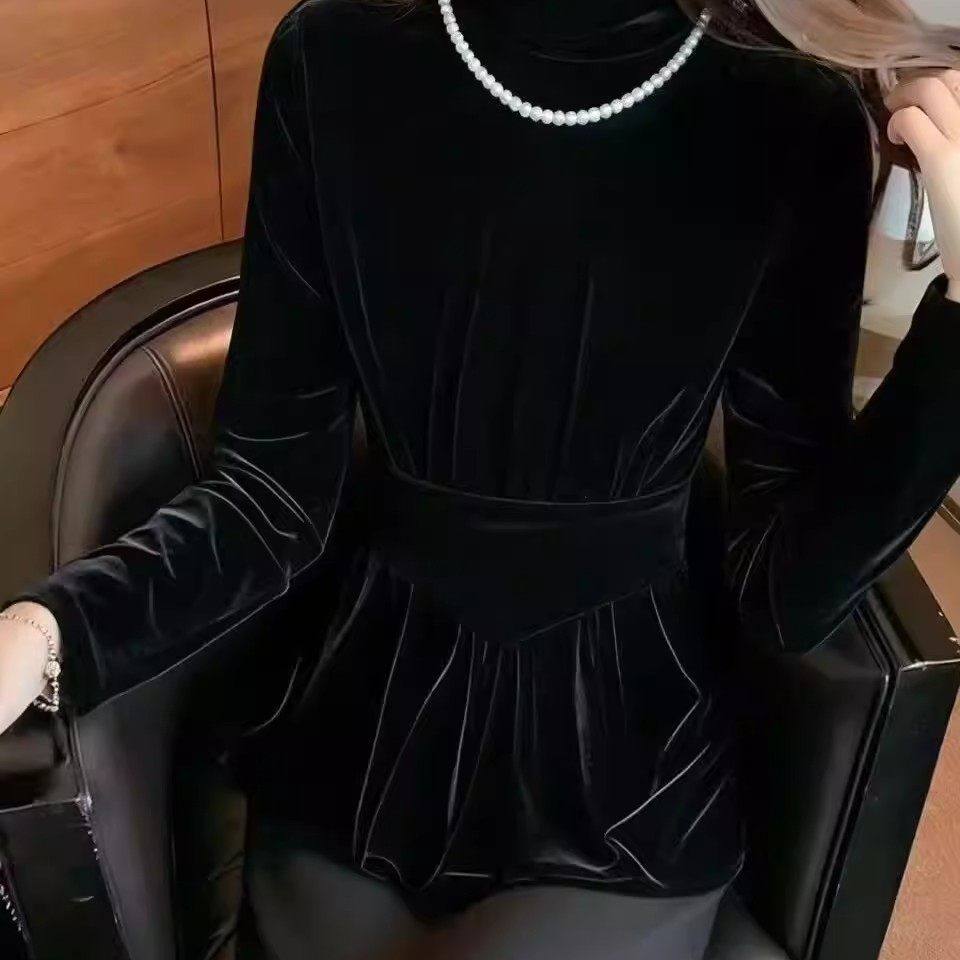 轻奢高级感丝绒衬衫女冬季半高领黑色打底衫正肩收腰灯笼长袖上衣图片