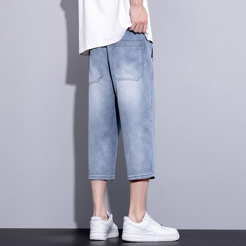 男士牛仔短裤夏季薄款星空纹外穿七分裤松紧腰复古休闲裤子男马裤