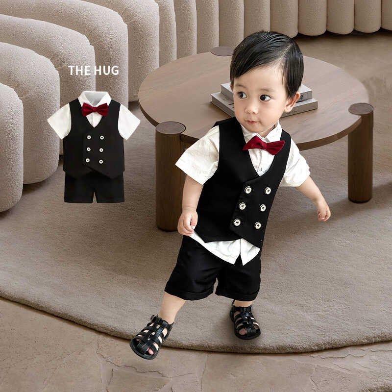 男童绅士服夏款宝宝红色领结英伦风夏款西装马甲短袖花童生日礼服