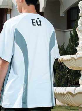 Eusoueu Ego系列美式足球复古橄榄球拉链情侣短袖圆领重磅T恤