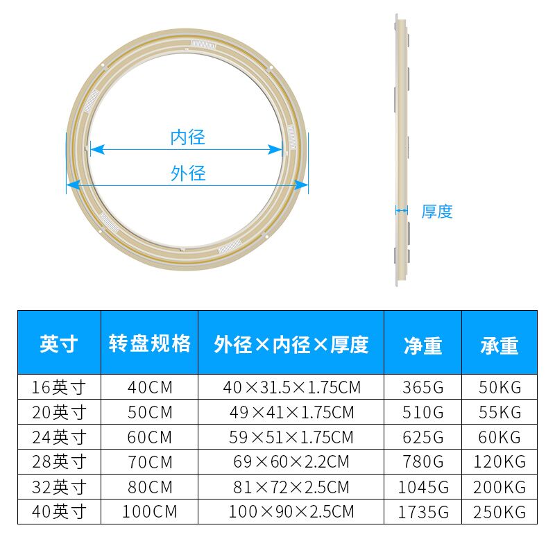 圆饭餐桌转盘底座家用餐厅玻璃大理石木材工程塑料旋转器转心轴承