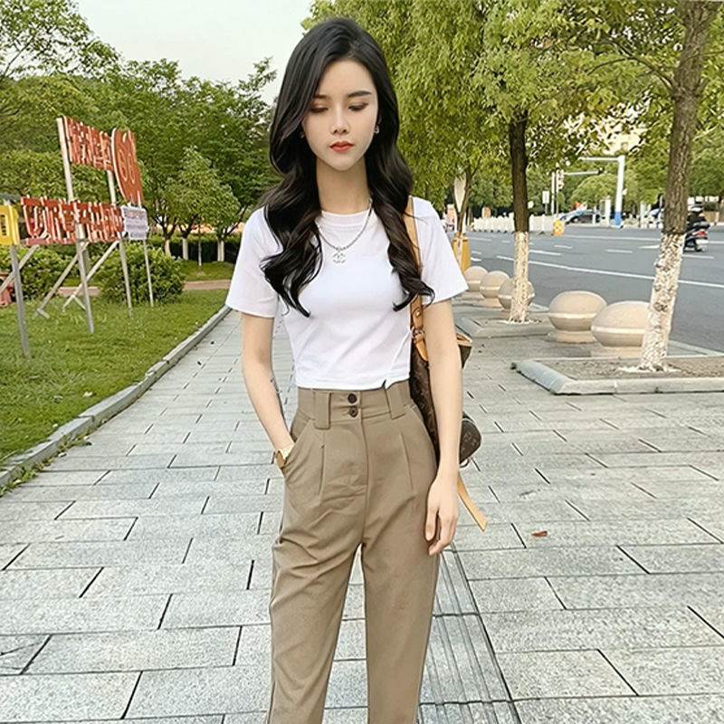 高腰夏季两件套气质T恤西装九分裤新款短袖时尚套装女小个子职业