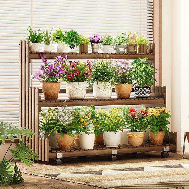 实木花架田园风可移动置物架阳台客厅落地式阶梯式多层植物花托架