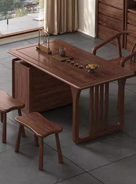 新中式书TUQ桌茶桌公桌客黑胡厅桃台木带抽办屉书房茶阳台干泡台