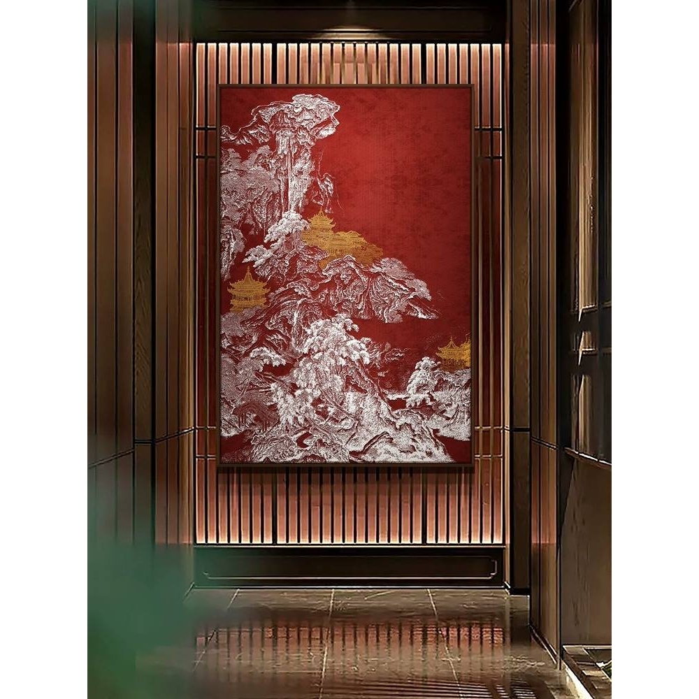 中式客厅沙发风景装饰画《山河望岳图》餐厅浮雕肌理大幅竖版挂画图片