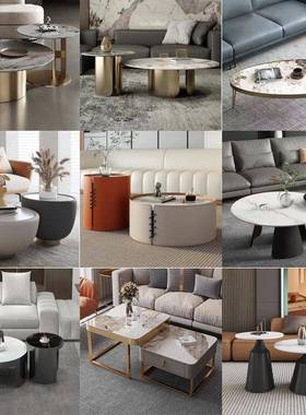 轻现代茶几客奢家厅07295用岩板圆形茶几小户字母高低不锈钢型茶