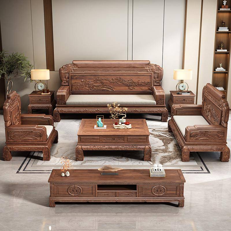 新中别式实木沙发205新款胡墅2冬夏两用桃木LQL古典雕花客厅家具
