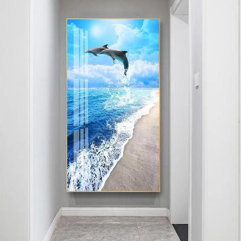 风景大海玄装饰竖版走过廊关尽头道壁画免打孔现画CLR代客厅镶钻
