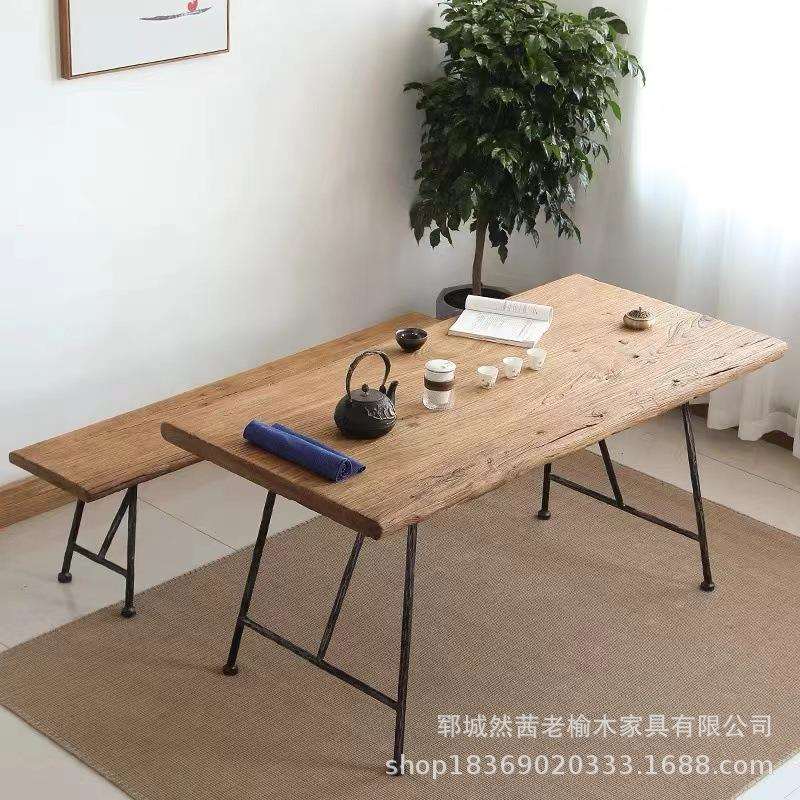 新款老榆木茶桌便捷长方形可折叠铁艺腿喝茶桌简易老门板书桌餐桌