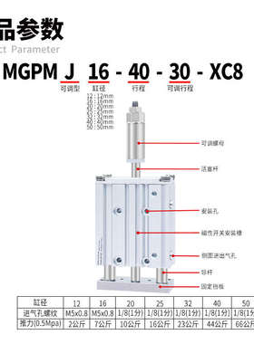 三轴三杆气缸行程可调MGPMJ12/16/20/25/32/40x20/40/50/75/100-S