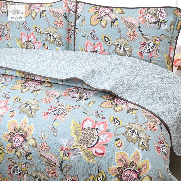 美式床盖三件套双人夹棉床单纯棉绗缝被多功能水洗薄被罩垫纤之色