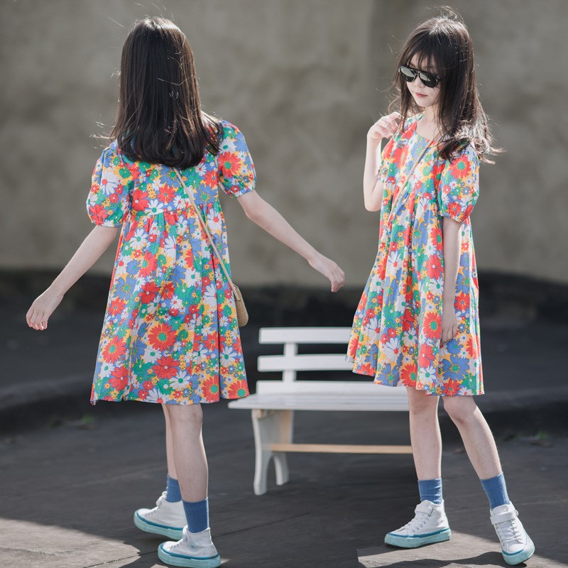 女童连衣裙夏季女孩短袖碎花裙中大童薄款夏装纯棉公主裙中大童装