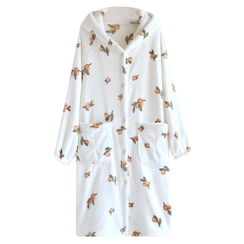 小清新~女款秋冬季加厚珊瑚绒中长款连帽浴袍宽松法兰绒睡裙睡袍