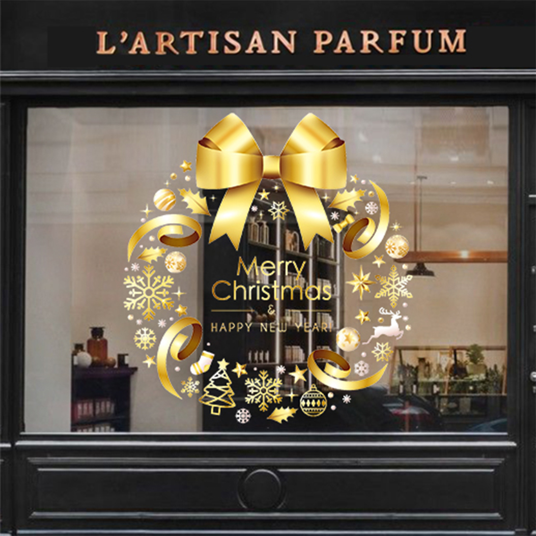 圣诞节装饰品金色圣诞礼物花环窗贴商场玻璃门贴店铺橱窗花静电贴