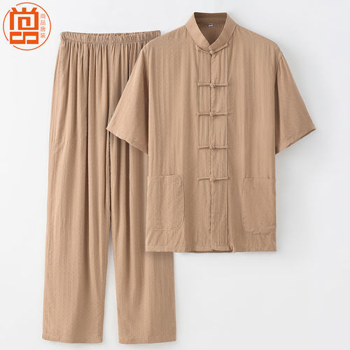中老年唐装男短袖套装中国风夏季薄款棉绸爸爸装两件套爷爷夏装