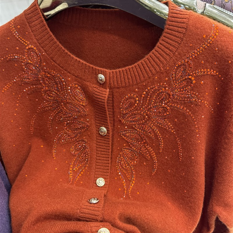 羊毛开衫女100纯羊毛2024秋冬新款针织衫外搭毛衣中老年妈妈外套