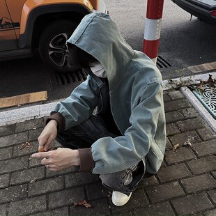 小柯XCOK美式湖水绿重磅底特律夹克水洗做旧boxy连帽工装外套春秋
