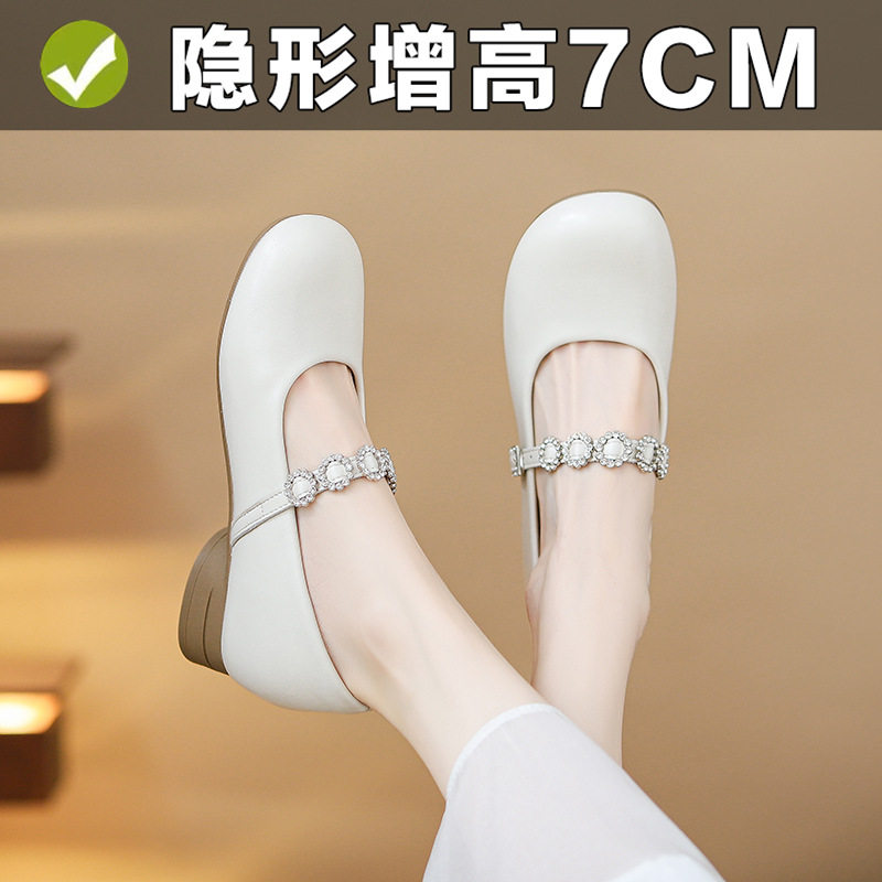 小个子20257cm玛丽珍鞋女内增高新款一字扣带浅口单鞋水钻奶奶鞋