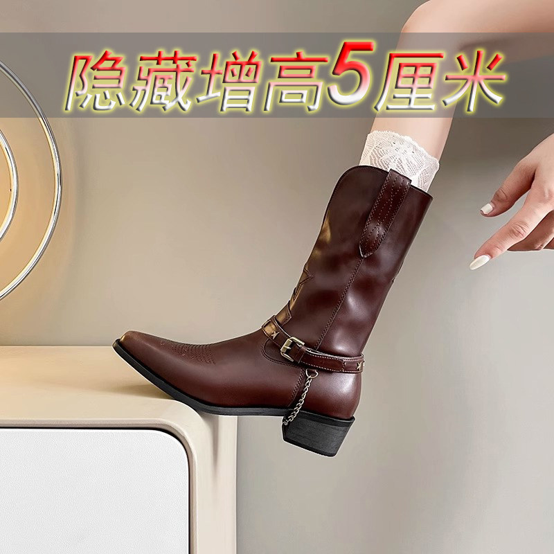 V口西部牛仔靴女5cm小个子全牛真皮内增高休闲矮子乐显瘦马丁骑士