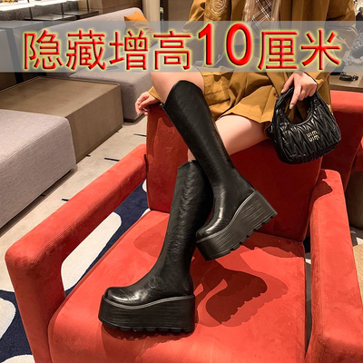 全牛真皮内增高厚底骑士靴芭嫦葆