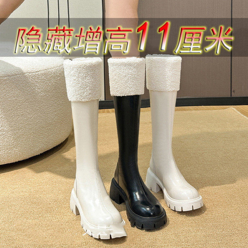 2025羊羔绒毛毛靴女11cm不过膝高跟全牛真皮厚底休闲矮子乐加绒冬