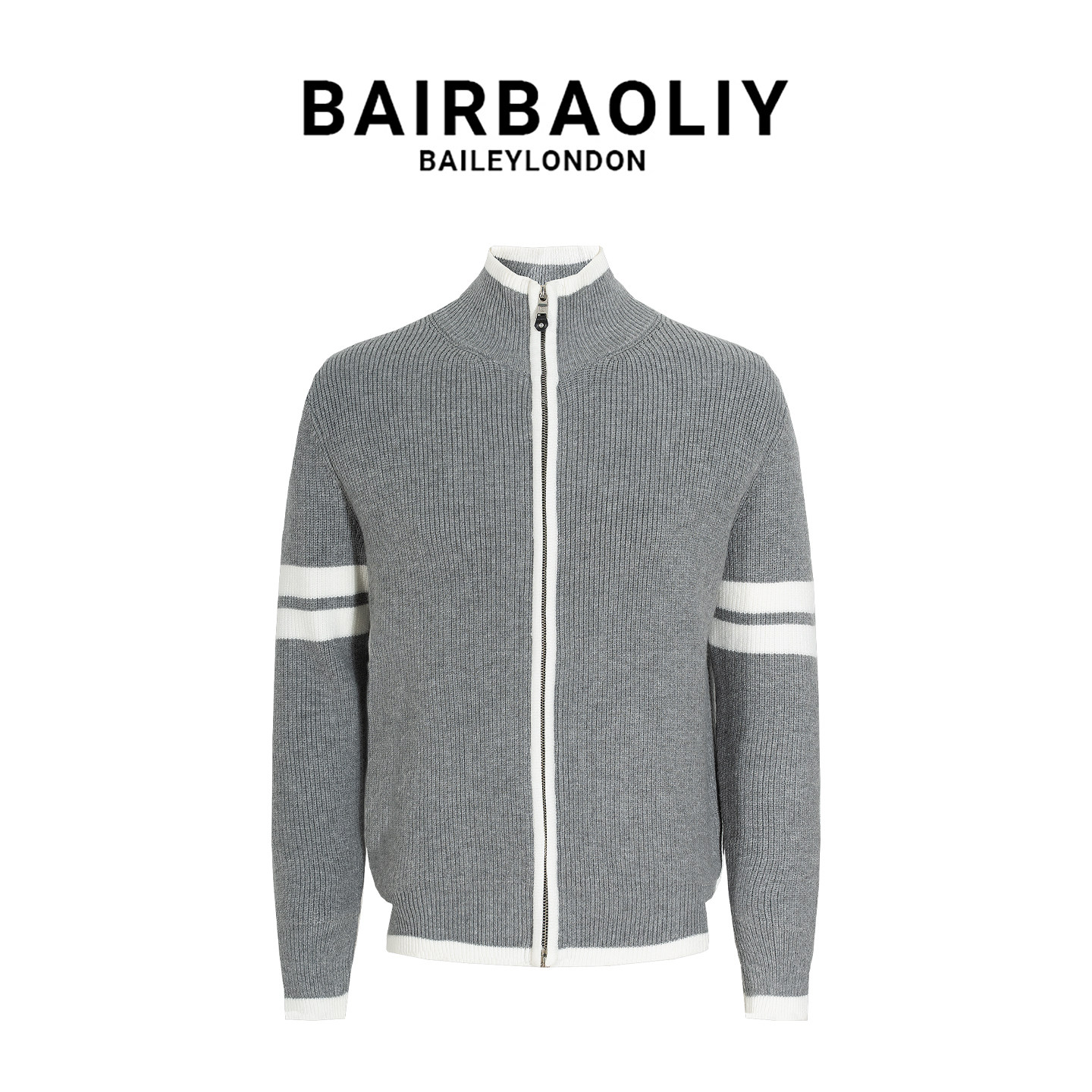 BAIRBAOLIY立领美式复古针织开衫外套男士高级感拼色条纹时尚毛衣