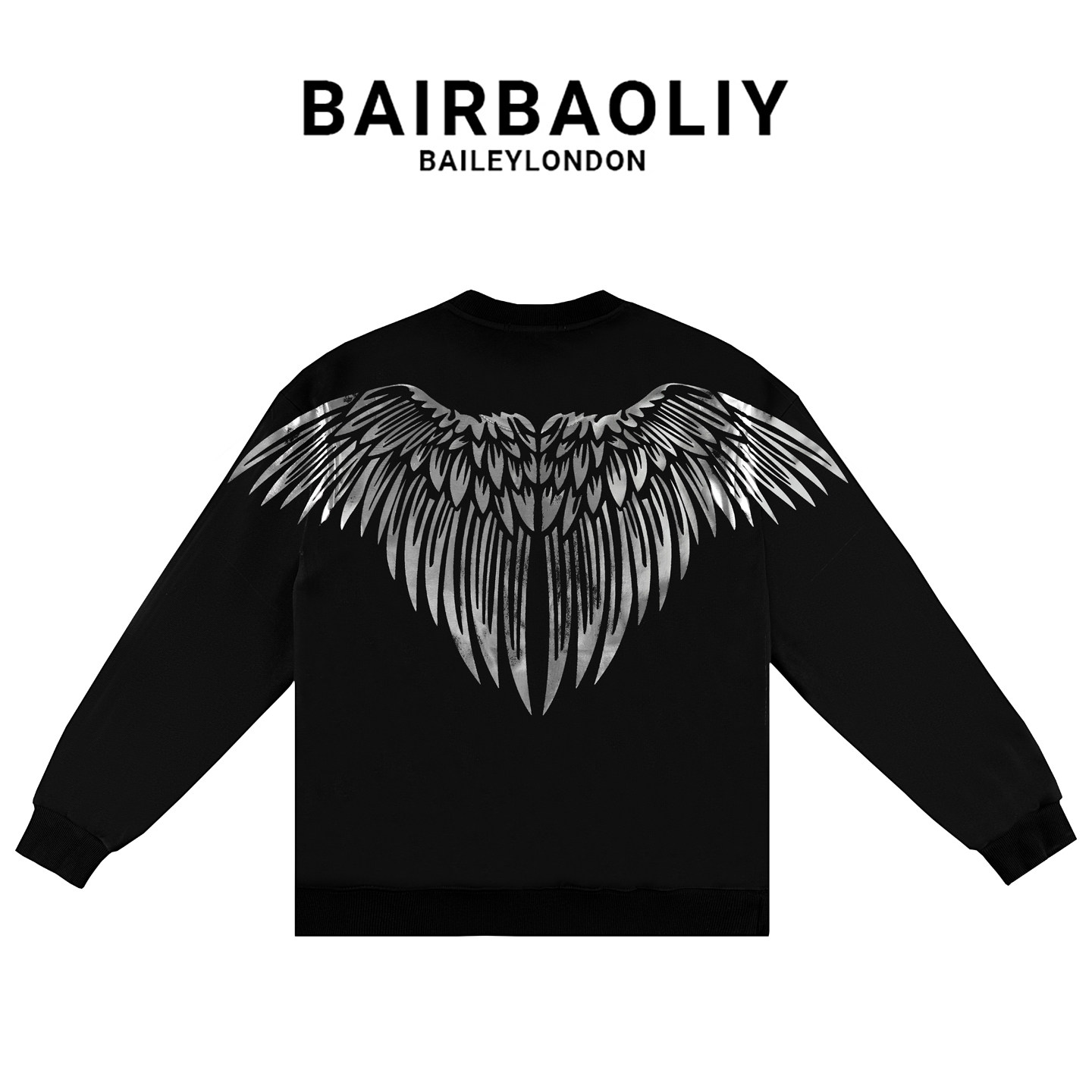 BAIRBAOLIY潮牌新款银色翅膀长袖卫衣轻奢百搭时尚休闲圆领上衣男