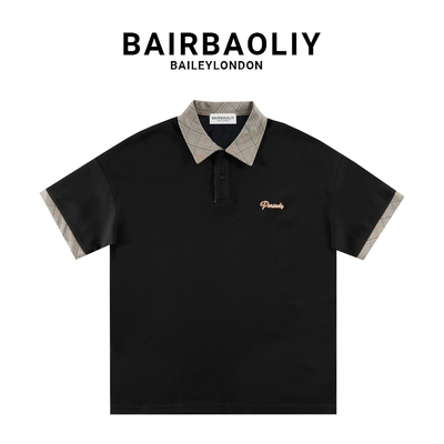 BAIRBAOLIY复古格纹撞色翻领POLO衫男款潮牌刺绣字母宽松休闲短袖