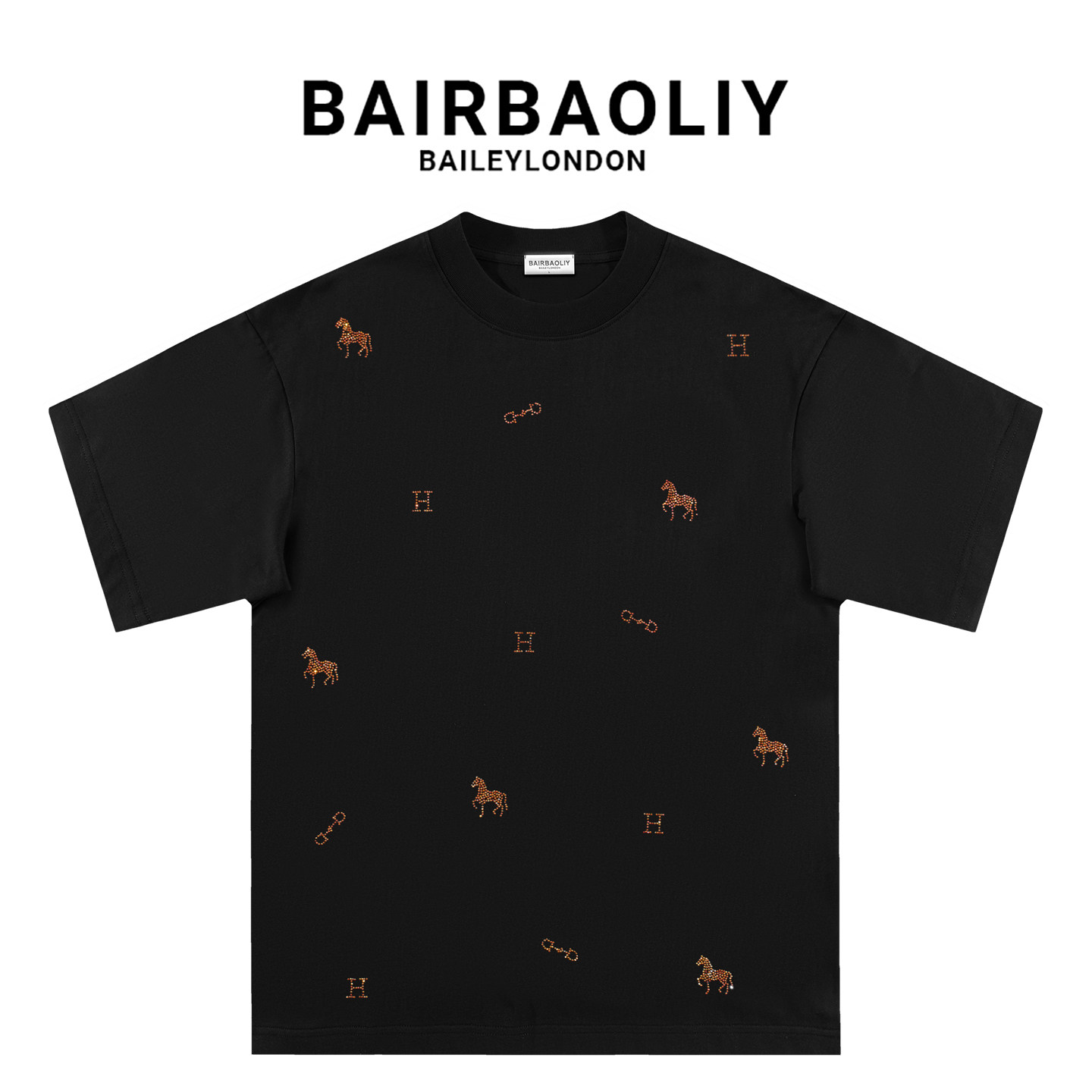 BAIRBAOLIY2026新款潮牌小马烫钻宽松纯棉时尚休闲百搭短袖T恤男