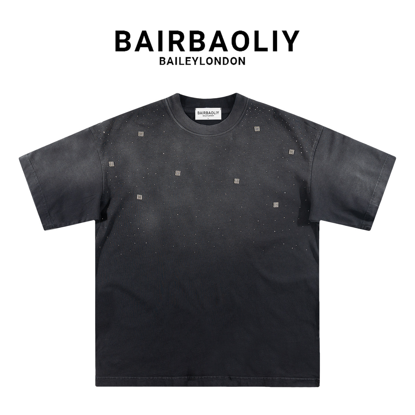 BAIRBAOLIY宽松落肩大版短袖2025新款高奢烫钻满天星纯棉水洗T恤