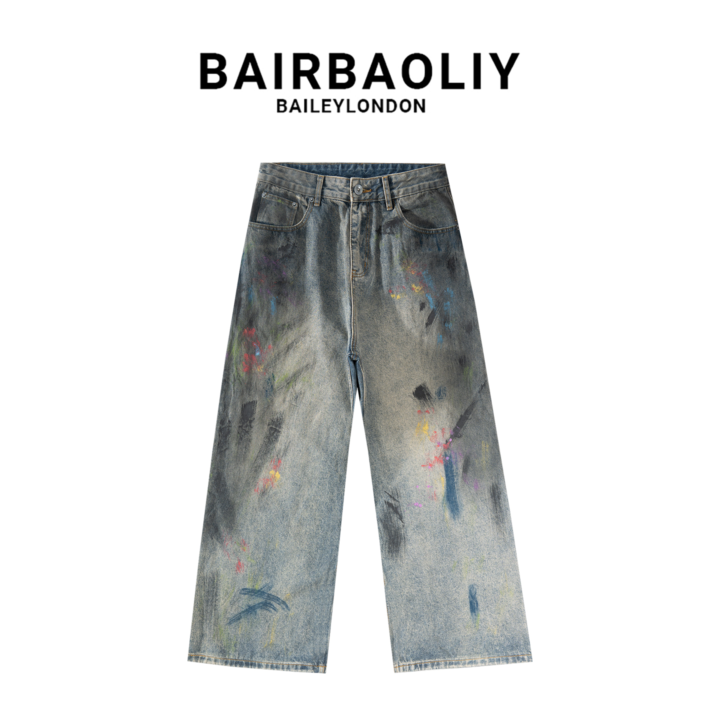 BAIRBAOLIY潮牌泼墨涂鸦脏脏牛仔裤2025新款男士做旧痞帅休闲长裤