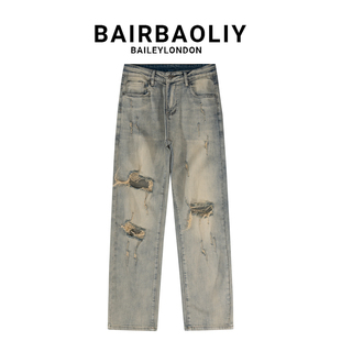 BAIRBAOLIY小众设计款做旧水洗黄泥蓝牛仔裤男潮牌复古破洞直筒裤