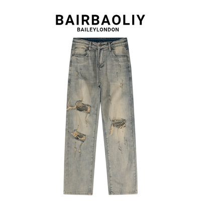 BAIRBAOLIY小众设计款做旧水洗黄泥蓝牛仔裤男潮牌复古破洞直筒裤