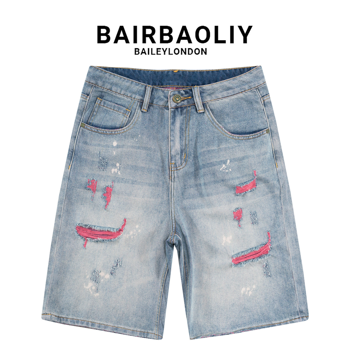 BAIRBAOLIY美式高街粉线破洞牛仔短裤男做旧水洗宽松直筒五分中裤