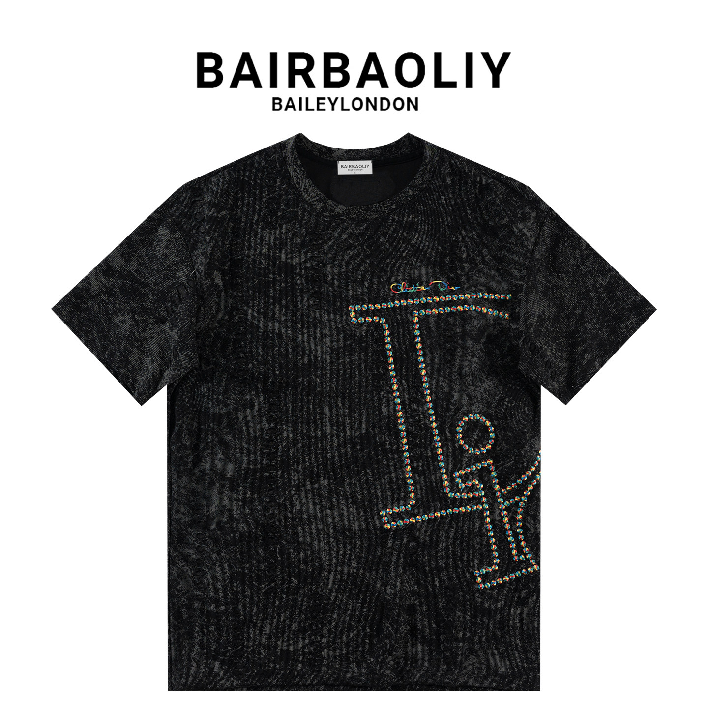 BAIRBAOLIY重工扎染刺绣宽松破洞圆领短袖T恤男潮流休闲百搭上衣