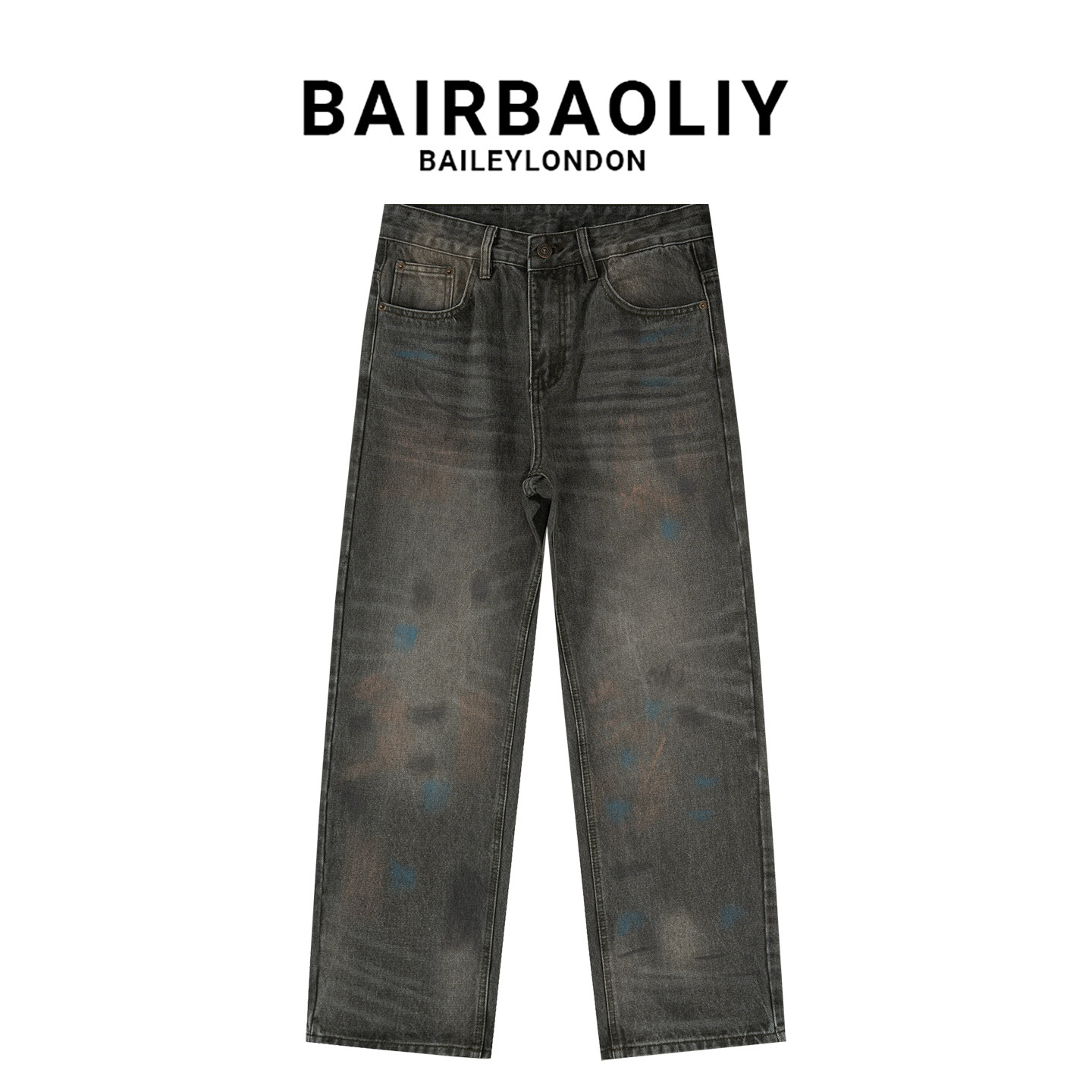 BAIRBAOLIY美式直筒高街泼墨涂鸦牛仔裤男款做旧潮牌个性百搭长裤