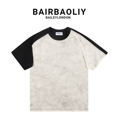 BAIRBAOLIY潮牌扎染拼接短袖撞色情侣美式ins重磅上衣2025新款春