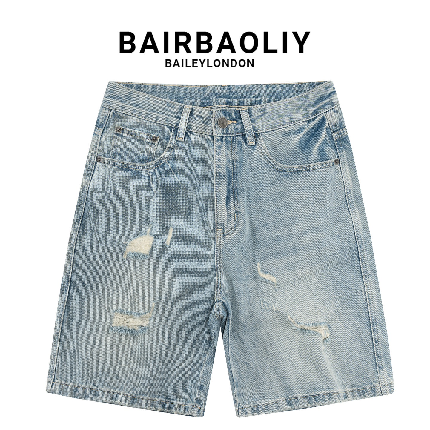 BAIRBAOLIY美式浅蓝做旧破洞牛仔短裤男夏季宽松直筒潮牌五分中裤
