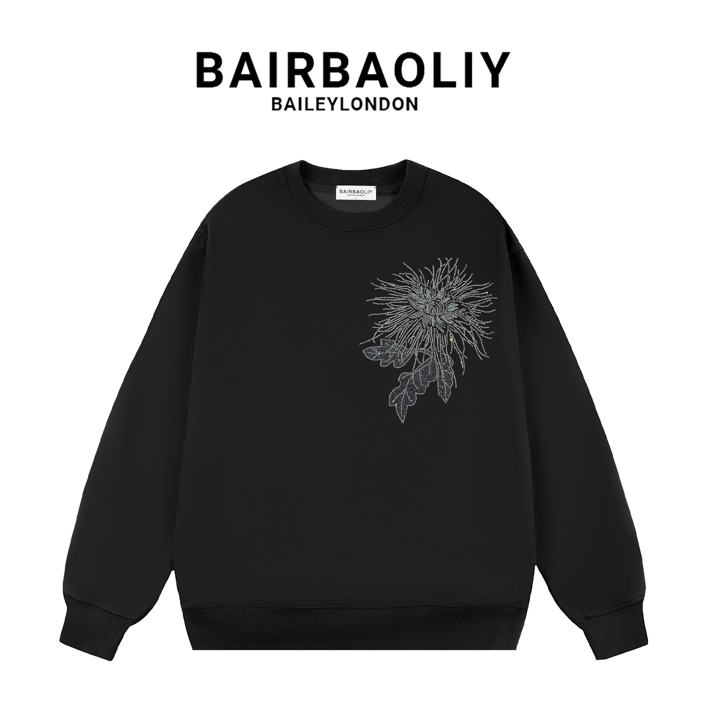 BAIRBAOLIY重工烫钻花卉圆领卫衣男秋冬潮流加绒加厚休闲情侣上衣