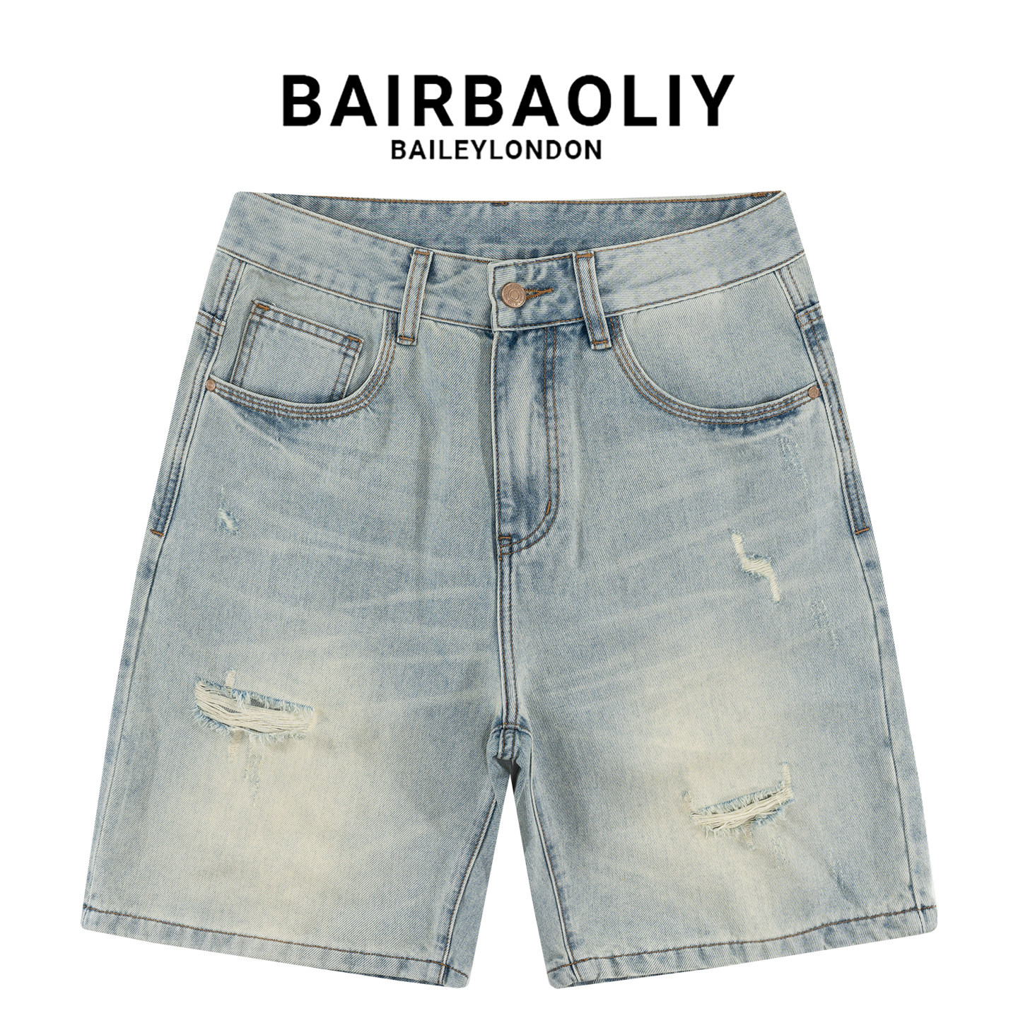 BAIRBAOLIY美式复古破洞牛仔短裤男士潮牌休闲百搭宽松直筒五分裤