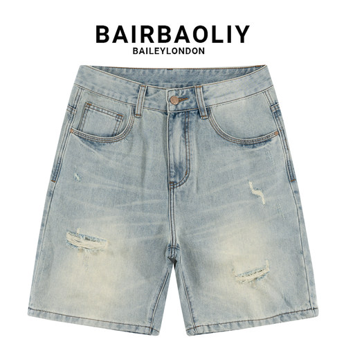 BAIRBAOLIY美式复古破洞牛仔短裤男士潮牌休闲百搭宽松直筒五分裤