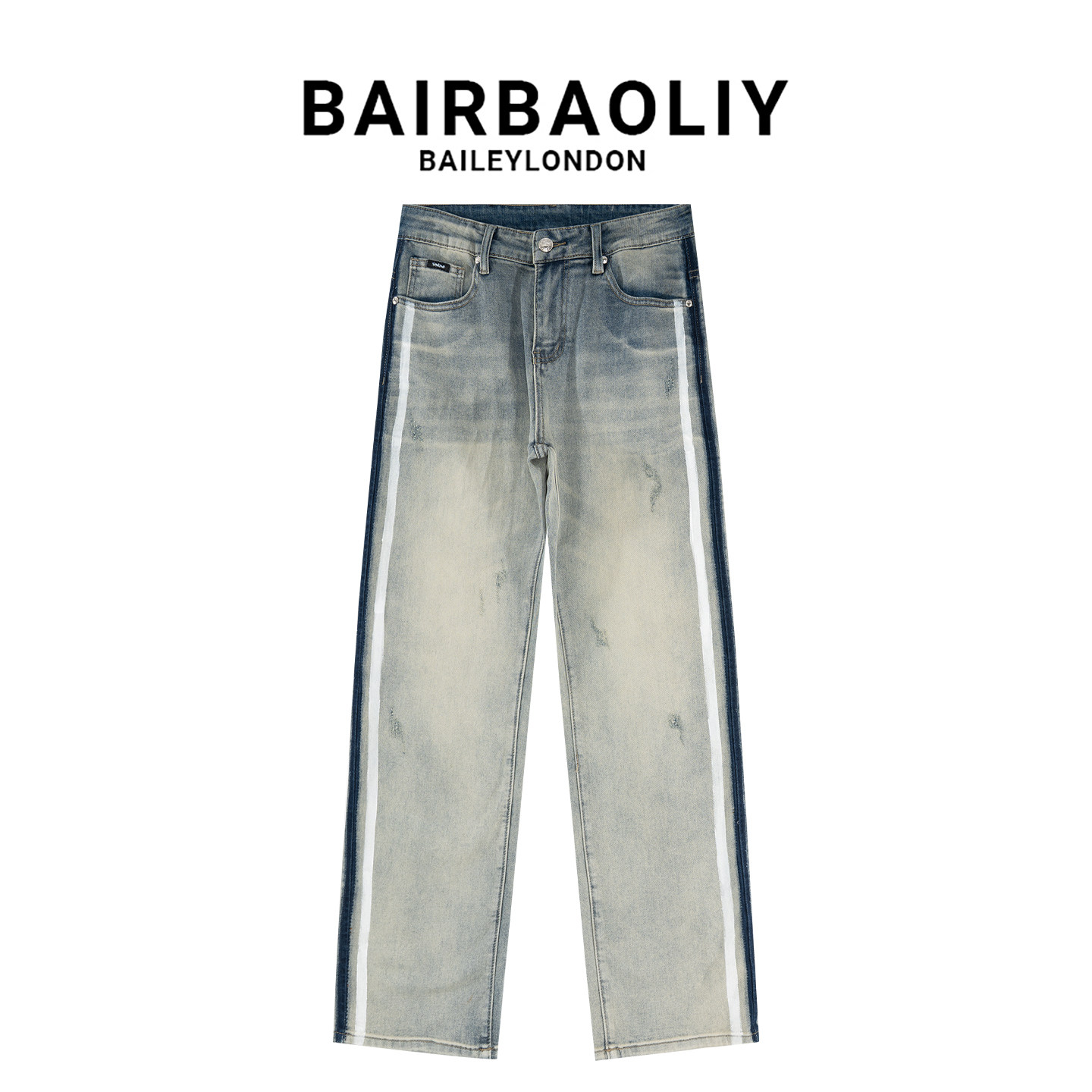 BAIRBAOLIY夏季潮牌新款薄款美式复古手绘撞色条纹直筒牛仔裤男装