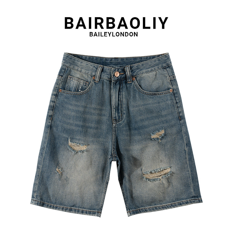 BAIRBAOLIY复古潮流破洞牛仔短裤美式休闲春夏新款男士高街七分裤