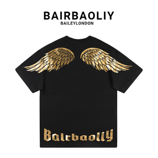 衫 BAIRBAOLIY潮牌新款 洋气半袖 T恤春夏重磅时尚 烫金闪耀翅膀短袖