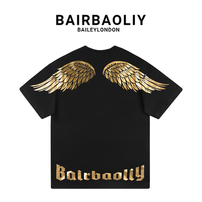 BAIRBAOLIY潮牌新款烫金闪耀翅膀短袖T恤春夏重磅时尚洋气半袖衫