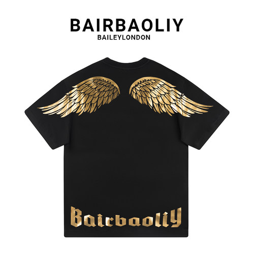 BAIRBAOLIY潮牌新款烫金闪耀翅膀短袖T恤春夏重磅时尚洋气半袖衫
