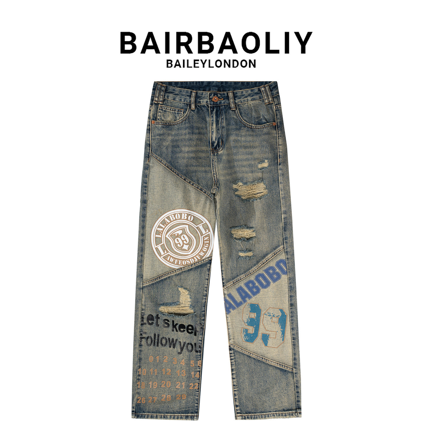 BAIRBAOLIY复古街头做旧个性潮流破洞拼接宽松嘻哈涂鸦直筒牛仔裤