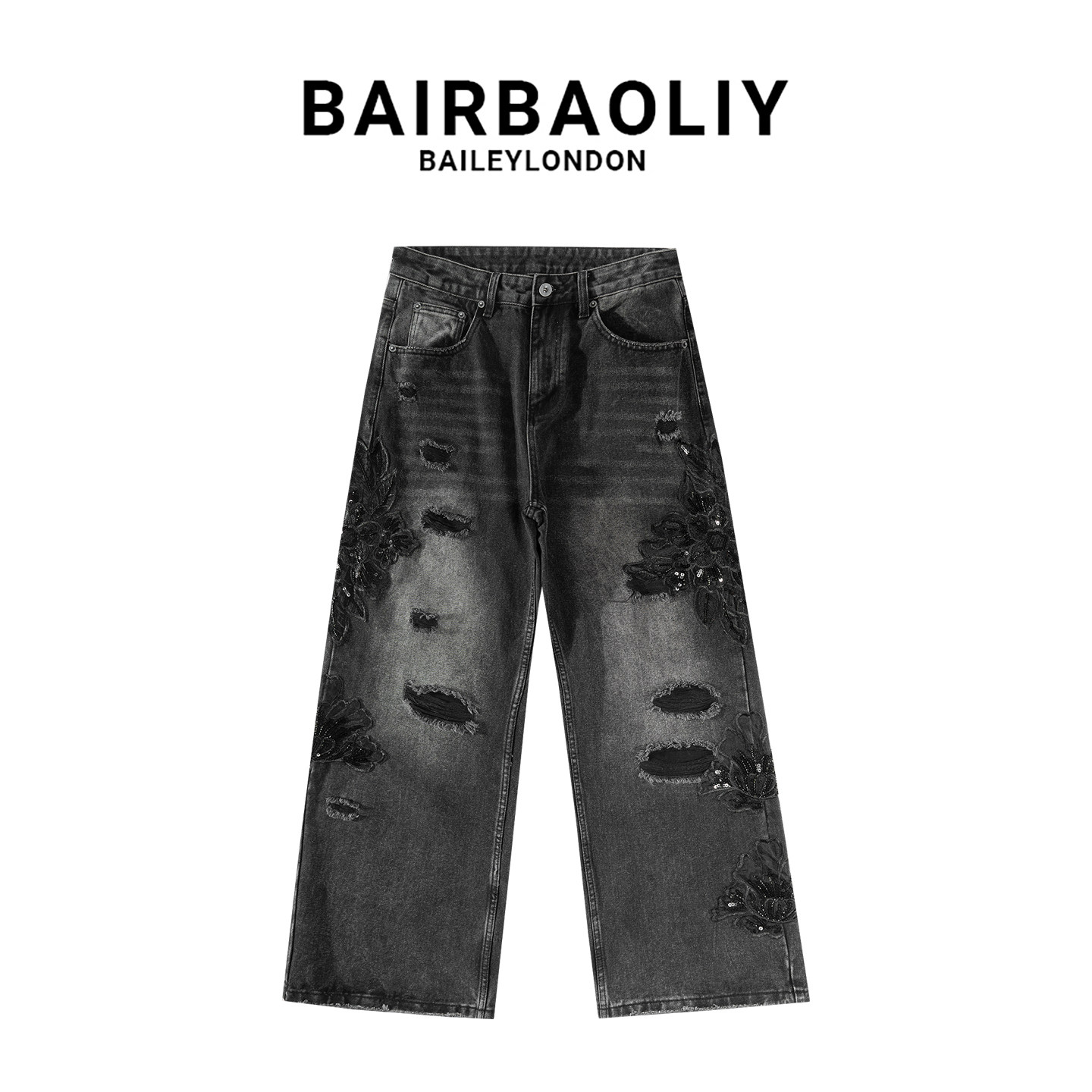 BAIRBAOLIY手工高定重工艺亮片花卉美式街头嘻哈破洞直筒牛仔裤男