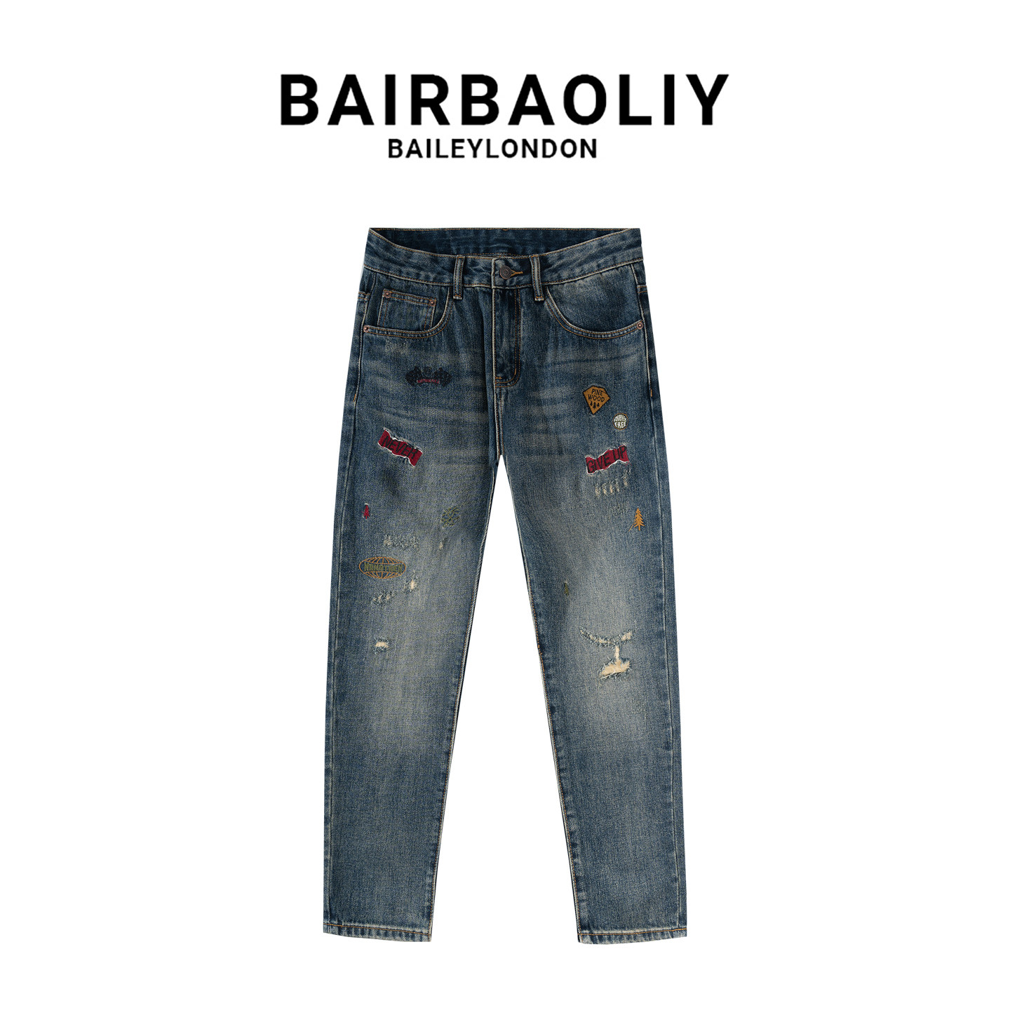 BAIRBAOLIY潮牌重工刺绣拼接破洞高品质韩版时尚百搭锥形牛仔长裤