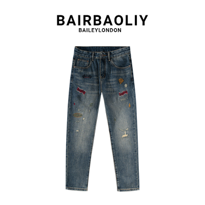 BAIRBAOLIY潮牌重工刺绣拼接破洞高品质韩版时尚百搭锥形牛仔长裤